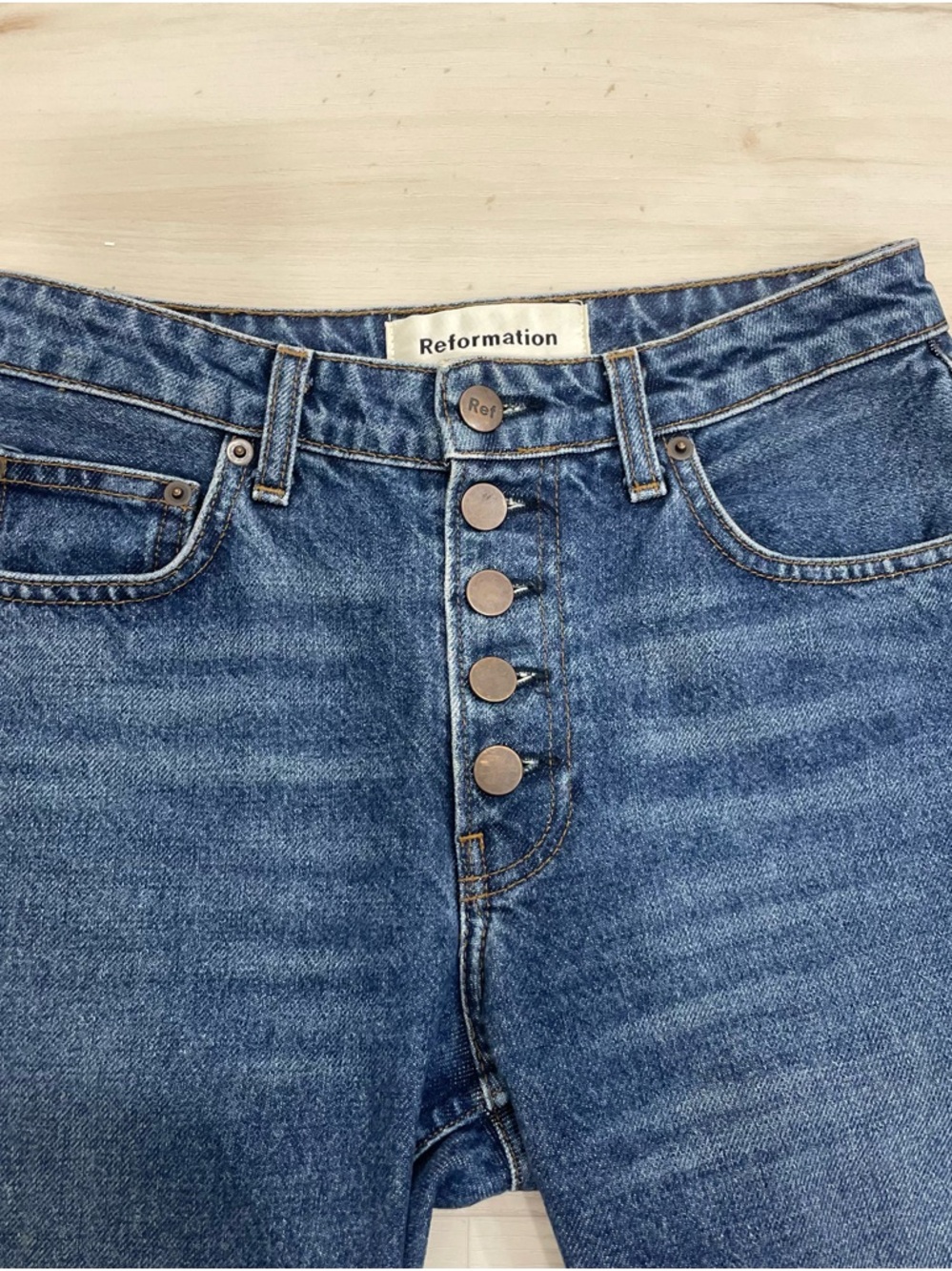 Reformation Button-Fly High-Rise Jeans in Blue Denim
